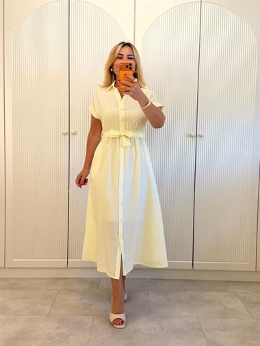 9483 Sarı Kuşaklı Gömlek Elbise