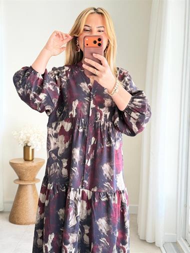 9080 Bordo Batik Desen Maxi Elbise