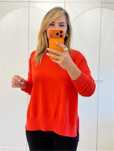 9818 Kırmızı Bisiklet Yaka Oversize Triko  