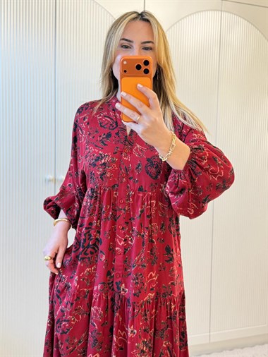 9144 Bordo Desenli Maxi Elbise