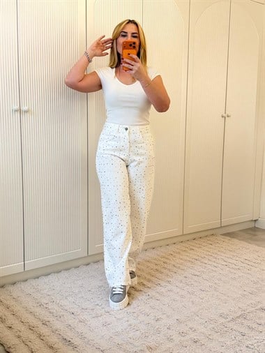 9251 Ekru Taşlı Jean Pantolon
