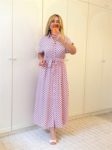 9345  Pembe Düşük Kol Puantiye Elbise