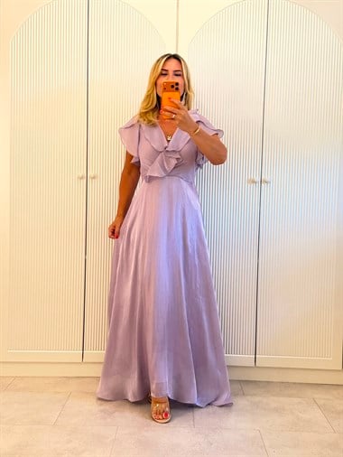 9538 Lila Premium Volanlı Organze Elbise