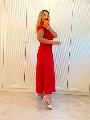 9589 Kırmızı Kemerli Gömlek Elbise
