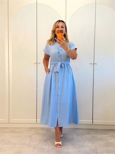 9482 Bebe Mavi Kuşaklı Gömlek Elbise