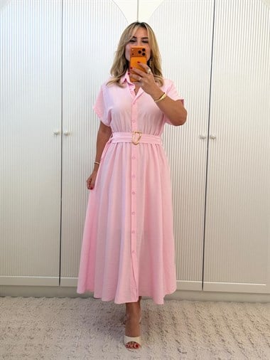 9439 Pembe Gold Toka Detay Gömlek Elbise