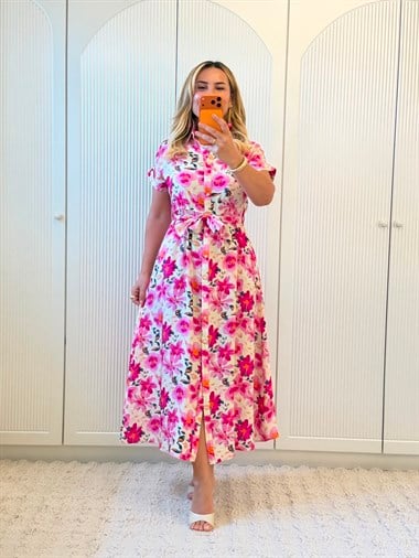 9406 Ekru Pembe Desen Gömlek Elbise
