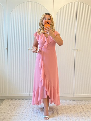9419 Pembe Premium Kruvaze Volanlı Sifon Elbise