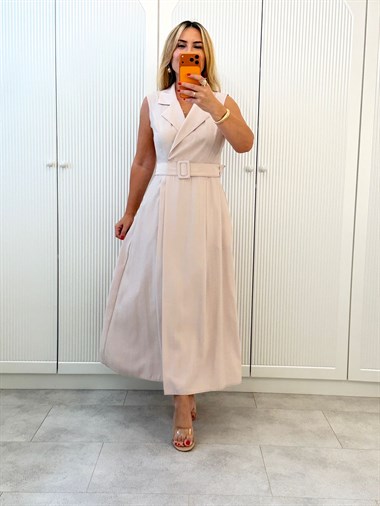 9457 Bej Premium Kemerli Kruvaze Elbise