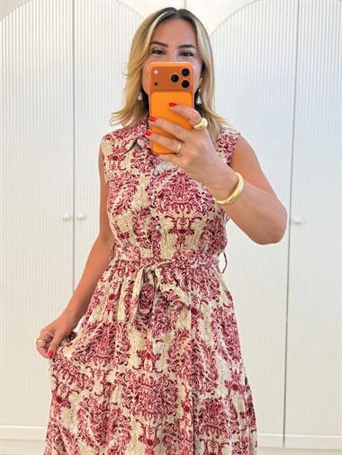 9492 Bordo Desenli Kolsuz Maxi Elbise