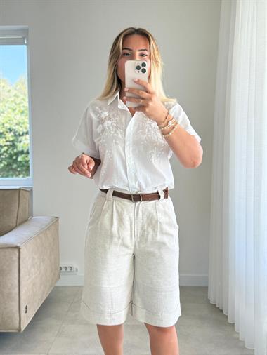 8270 Bej Kemerli Şort 