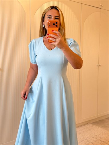 9372 Bebe Mavi Taşlı Premium Elbise
