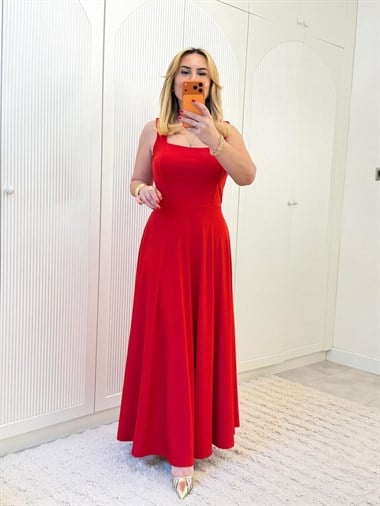 9272 Kırmızı Kare Yaka  Elbise