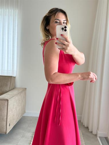 7846 Pembe Çiçek Kemerli Elbise