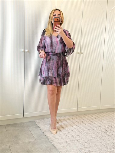 9131 Pembe V Yaka Etekli Şifon Elbise