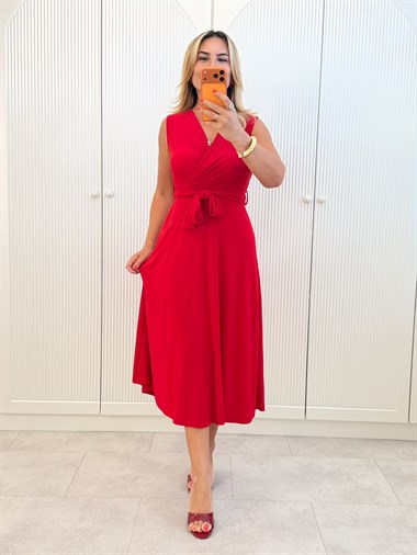 9527 Kırmızı Kuşaklı Kruvaze Elbise