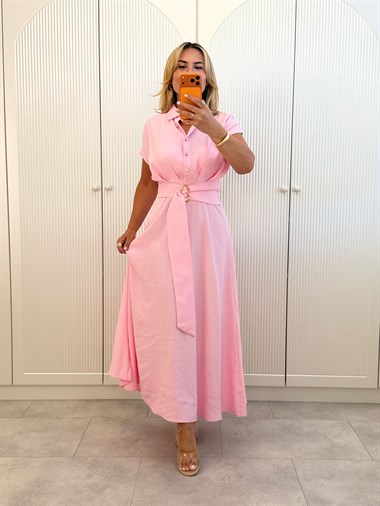 9512 Pembe Modal Önden Tokalı Elbise