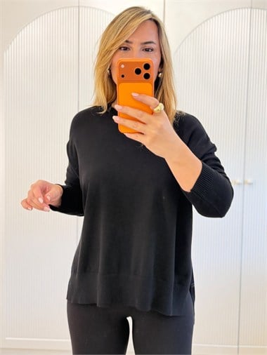 9820 Siyah Bisiklet Yaka Oversize Triko  