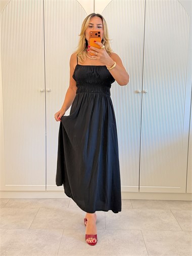 9657 Siyah Gipeli Premium Askılı Elbise