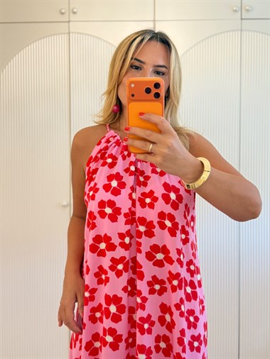 9524 Pembe Kırmızı Halter Yaka Salaş Elbise