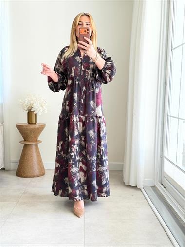 9080 Bordo Batik Desen Maxi Elbise