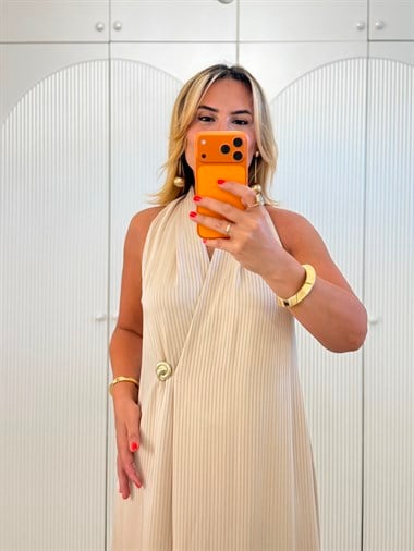 9528 Bej Gold Düğme Aksesuar Premium Elbise