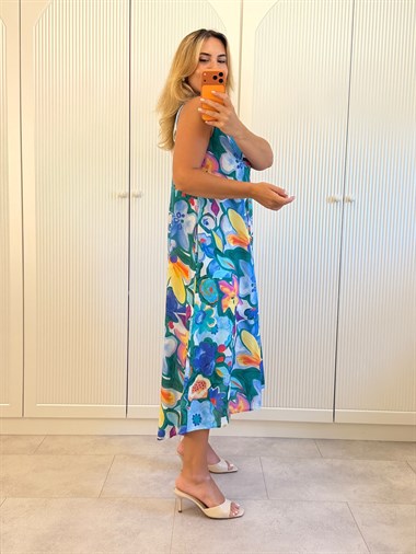 9551 Sax Premium Desenli Pamuk Elbise