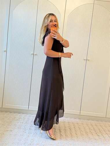 9418 Kahve Premium Kruvaze Volanlı Sifon Elbise