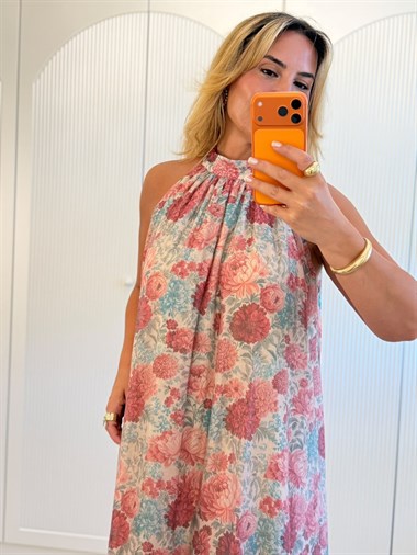 9608 Halter Yaka Çiçek Elbise
