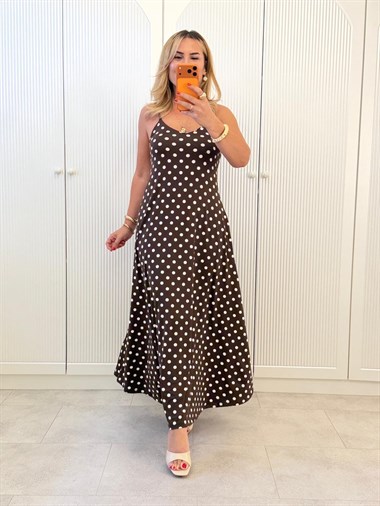 9462 Kahve İp Askılı Puantiye Elbise