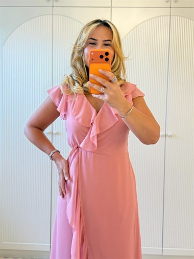 9419 Pembe Premium Kruvaze Volanlı Sifon Elbise