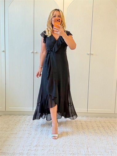 9416 Siyah Premium Kruvaze Volanlı Sifon Elbise