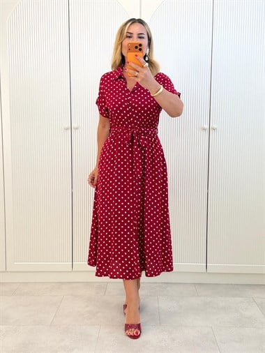 9491 Bordo Düşük Kol Puantiye Elbise
