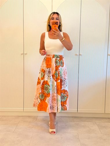 9624 Orange Desenli Midi Etek