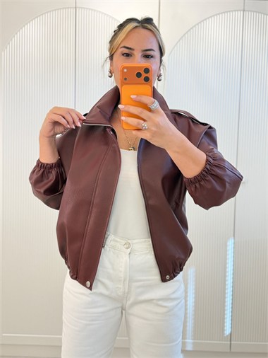9803 Bordo Suni Deri Bomber Ceket