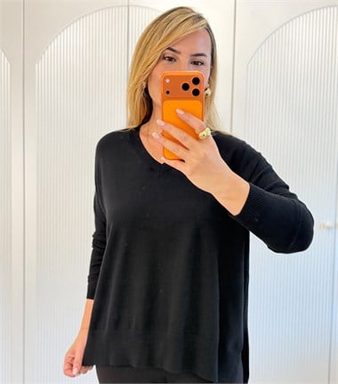 9823 Siyah V Yaka Oversize Triko Kazak  