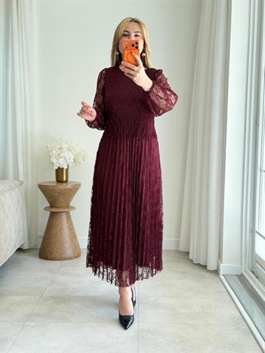 9032 Bordo Piliseli Dantel Elbise