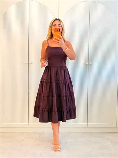 9562 Bordo Dantel Detaylı Premium Elbise