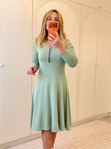 9179 Mint Bisiklet Yaka Fermuarlı Midi Elbise