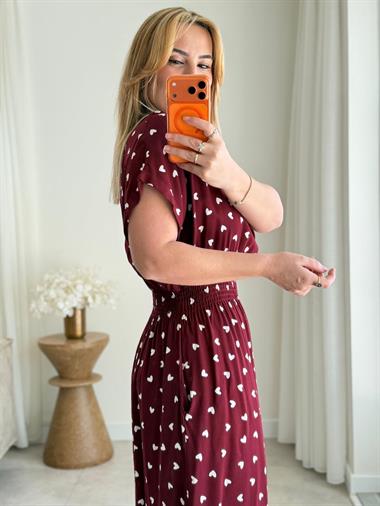 9036 Bordo Yarasa Kol Kalp Desen Elbise