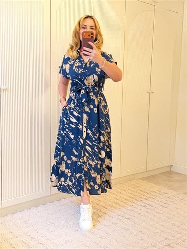 9289 İndigo Gömlek Yaka Kuşaklı Elbise