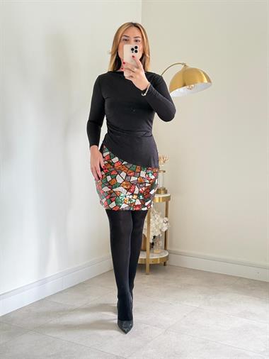 8814 Siyah Payetli Mini Etek