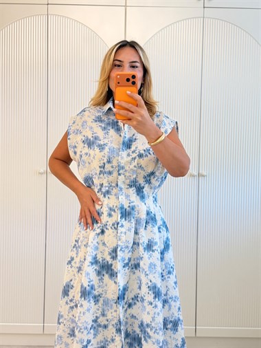 9559 Lacivert Ekru Premium Batik Elbise