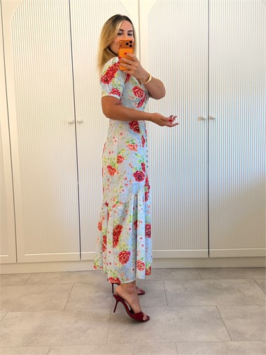 9299 Bebe Mavi Gül Desen Elbise