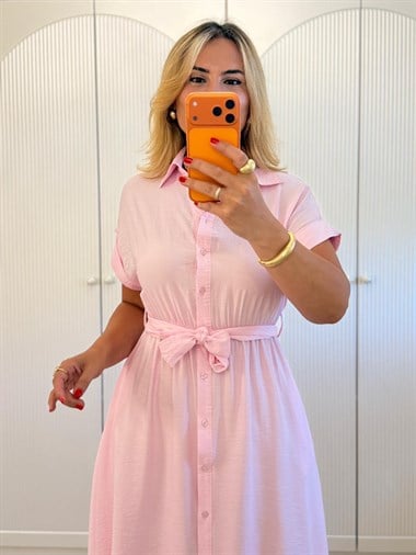 9484 Pembe Kuşaklı Gömlek Elbise