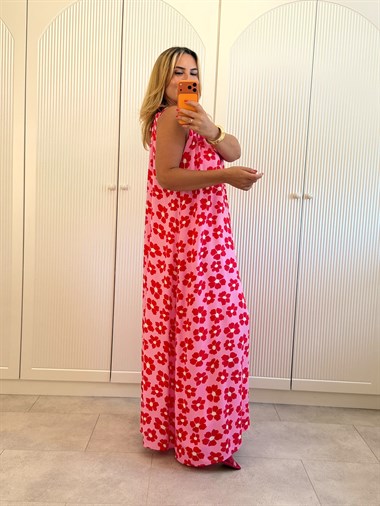 9524 Pembe Kırmızı Halter Yaka Salaş Elbise