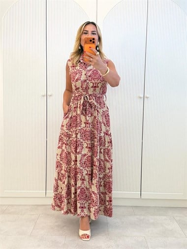 9492 Bordo Desenli Kolsuz Maxi Elbise
