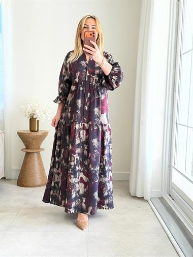 9080 Bordo Batik Desen Maxi Elbise
