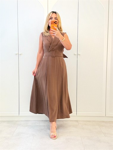 9458 Kahve Premium Kemerli Kruvaze Elbise