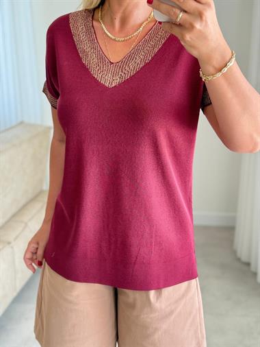 8468 Bordo V Yaka Simli Triko